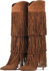 Женские ботильоны на высоком каблуке выше колена с бахромой, из замши, с заостренным носком и шпилькой, длинные ботинки, модная обувь на осень BeeLg, Light Brown