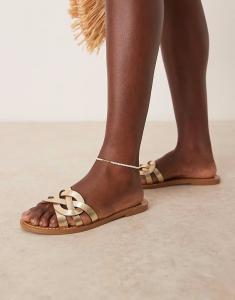 Сандалии из кожи манго с плетеными деталями золотого цвета Mango