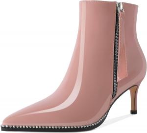 Younton Женские сапоги с низким каблуком, заостренный носок с бусинами, короткие сапоги, молния, каблук-кошечка, 6,3 см