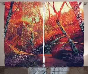 Шторы ABAKUHAUS Рустикальный пейзаж, Осенний пейзаж, универсальные ленточные шторы для гостиной с петлями и крючками, 280 x 225 см, цвет: оранжевый, фиолетовый Abakuhaus