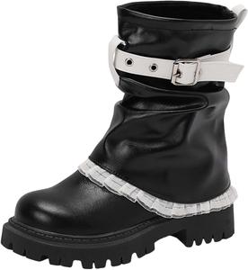 Женские ботинки на платформе с отворотом, круглый носок, кожаные, панк, средняя голень, массивный каблук Generic, Black