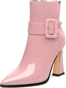 Женские ботильоны, высокие ботильоны на каблуке, ботильоны с заостренным носком, короткие модные ботинки с боковой молнией и пряжкой для женщин GUAVAIVY, Pink Patent