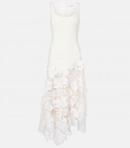 Платье миди из твида и гипюра Oscar de la Renta, слоновая кость