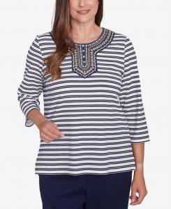 Женская полосатая блузка Block Island с вышитым вырезом горловины Alfred Dunner, Navy Multi