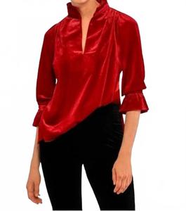 Туника с оборкой на горловине из красного шелковистого бархата Gretchen Scott, Red Silky Velvet