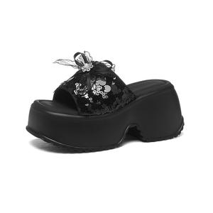 Сандалии-слайдеры с пайетками, нескользящие, износостойкие, быстросохнущие, женские Golden Silk Rabbit, Black