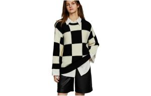 ELLE Трикотажный свитер для женщин с круглым вырезом, черно-белая клетка, Moderate Others