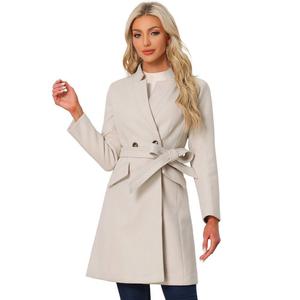 Винтажное пальто с поясом для женщин, зимняя верхняя одежда с воротником-стойкой, пальто ALLEGRA K, бежевый