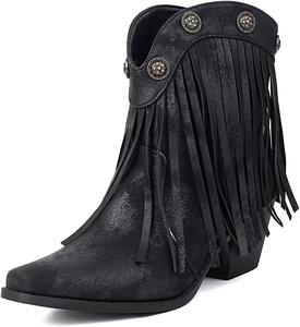 Женские западные ковбойские ботильоны с бахромой, ретро с квадратным носком, массивным каблуком и кисточками, короткие ковбойские ботинки JOEUSTY, Black