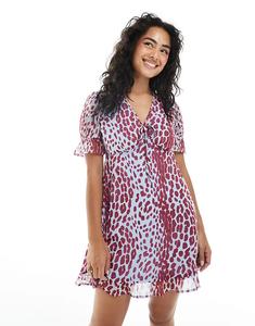 Мини-платье Wednesday's Girl с леопардовым принтом и V-образным вырезом в синих и бордовых тонах