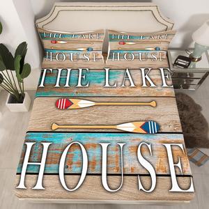 Erosebridal Комплект постельного белья Kids Lake House в стиле рустик с принтом в виде деревянного сарая, коричневый, Multi 05