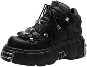 JMdfcqer Женские черные зимние ботинки на платформе с массивным каблуком, готические ботильоны, шнуровка, байкерские мотоботинки