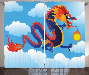 Штора ABAKUHAUS Дракон в деревенском стиле, сюрреалистическое народное искусство, присборенная штора для спальни с петлями и крючками, 280 x 245 см, цвет: индиго, небесно-голубой, оранжевый Abakuhaus