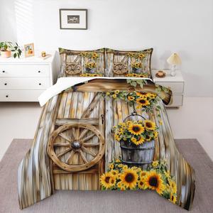 Erosebridal Комплект постельного белья Rustic Barn Door в стиле фермерского дома с подсолнухами и деревянными досками, Yellow Green Brown