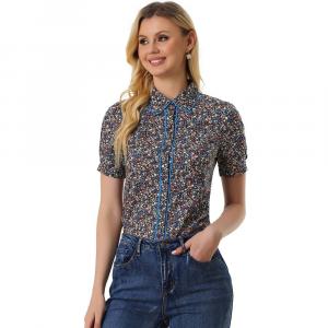 Блузка с воротником «Питер Пэн» для женщин, женская рубашка с контрастной отделкой и пышными рукавами, крестьянская рубашка с цветочным принтом ALLEGRA K, цвет Dark Blue