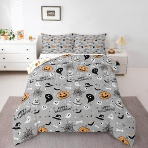 Erosebridal Комплект постельного белья Kids Halloween Ghost с принтом черепов, летучих мышей и паутины для детской спальни, Grey 1