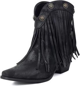 Женские сапоги Alyaafifa с бахромой, массивным блочным каблуком на танкетке, широкие голенища, ботильоны с закрытым носком, без застежки, короткие сапожки с V-образным вырезом и кисточками, модные, нарядные и удобные, Pu Leather - Block Heel - Black