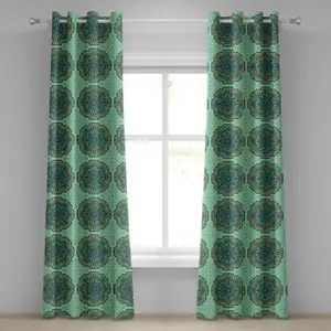 Этническая штора на люверсах ABAKUHAUS, абстрактная цветочная композиция в стиле мандалы, природные элементы, яркие, декоративные двухпанельные шторы, 280 см x 175 см, бледно-желто-бирюзовый цвет Abakuhaus