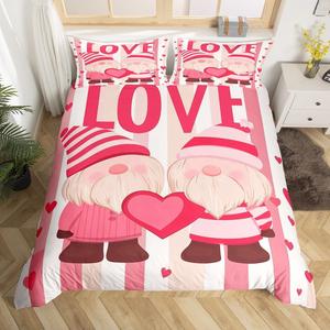 Erosebridal Романтический комплект постельного белья Couple Lover с гномами и сердецами в розово-белую полоску для декора комнаты, Pink Yellow