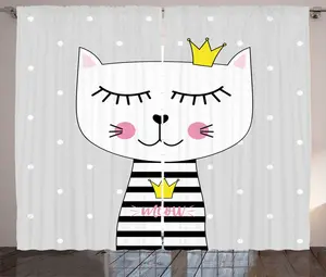 Штора ABAKUHAUS "Кошка в деревенском стиле", "Мяу-принцесса с короной", универсальная тесьма для гостиной с петлями и крючками, 280 x 225 см, серо-розовый Abakuhaus