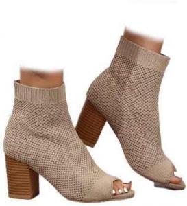 Женские вязаные босоножки с открытым носком, ремешком на пятке, массивным каблуком, ботильоны с открытым носком и отверстием на каблуке, летние повседневные туфли-носки на вечеринку или выпускной Generic, Khaki