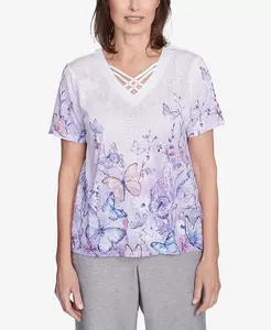 Женская футболка Crystal Springs с V-образным вырезом, перекрестными бретелями и омбре в виде бабочки Alfred Dunner, мультиколор