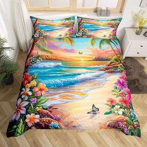 Erosebridal Комплект постельного белья Hawaii Full с тропическими цветами и морскими волнами для детской комнаты, Red Blue Yellow