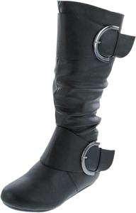 TOP Moda Bank-81 Damenmode, runder Zehenbereich, flacher Absatz, Reißverschluss, Schnalle, Slouchy Mi, Schwarz (Black Pu)