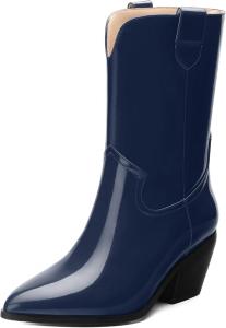 Женские сапоги WAYDERNS до середины икры из лакированной кожи с массивным каблуком, заостренным носком, 2,3-дюймовым каблуком, короткие ботильоны для модных повседневных прогулок, свиданий и шопинга, осенние, Navy Blue