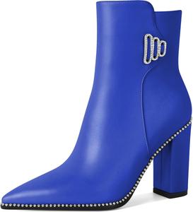 Younton Женские короткие ботильоны с заостренным носком, декорированные бусинами, массивным каблуком 3,7 дюйма и боковой молнией