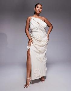 Платье макси на одно плечо с фактурным цветочным принтом ASOS DESIGN Curve натурального цвета Asos Curve