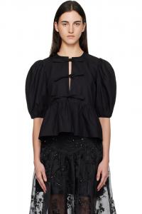 Блузка из хлопкового поплина с баской и завязками Ganni, черный