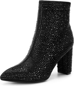 Женские короткие ботильоны DREAM PAIRS с массивным каблуком и заостренным носком, Black-Rhinestone