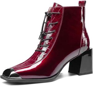 Женские ботильоны TinaCus из лаковой кожи, ручной работы, с квадратным носком, средним массивным каблуком, боковой молнией и ремешком, Burgundy