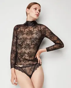 Женская футболка с длинными рукавами из полупрозрачной кружевной ткани Gisela, черный
