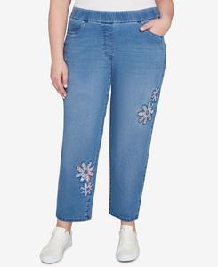 Джинсы средней длины средней длины Hilton Head, модель большого размера, с цветочной аппликацией Alfred Dunner, Medium Indigo