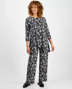 Женский свободный топ с принтом и рукавами 3/4 и брюки-клеш JM Collection, мультиколор