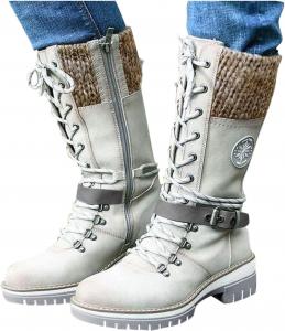 Женские полусапожки ZHOUYF в ковбойском стиле, средняя голень, круглый носок, массивный низкий каблук, на молнии, рыцарские ботильоны, ретро, зимние теплые сапоги для верховой езды и снега, 9.5-10 White