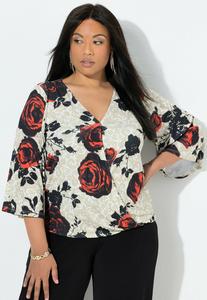 Топ Ulla Popken WICKELOPTIK V-AUSSCHNITT 3/4-GLOCKENÄRMEL, Off White/White