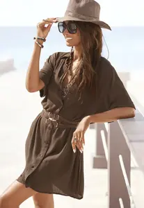 LASCANA длинная блузка, с планкой на пуговицах, блузка с коротким рукавом, блузка-платье, летняя, коричневый