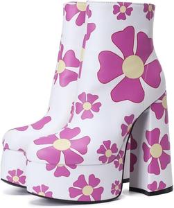 Бутиль с высокими каблуками Frankie Hsu Chunky Platform 3D Print, ботильоны с цветочным принтом розового цвета, дизайнерские ботильоны с высоким каблуком для женщин