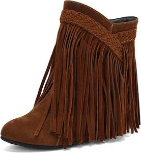 Женские сапоги Alyaafifa с бахромой, массивным блочным каблуком на танкетке, широкие голенища, ботильоны с закрытым носком, без застежки, короткие сапожки с V-образным вырезом и кисточками, модные, нарядные и удобные, Suede - Wedge Heel - Orange