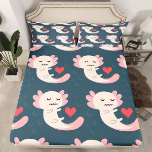 Erosebridal Комплект постельного белья Axolotl с кавайными аксолотлями и сердечками, розово-серый, детский, Multi 12