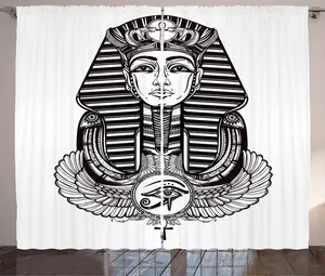 Шторы ABAKUHAUS в египетском деревенском стиле с винтажной татуировкой фараона, универсальные ленточные шторы для гостиной с петлями и крючками, 280 x 225 см, белые и черные Abakuhaus