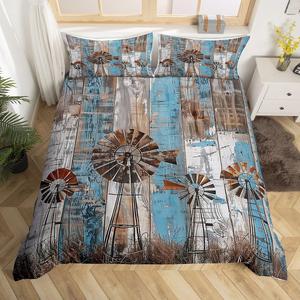 Erosebridal Комплект постельного белья Vintage Windwill в стиле кантри с деревенским принтом и застежкой-молнией, Blue and Brown