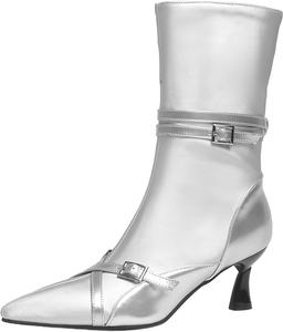 Женские модные ботильоны LYYSKY с 5 см средним каблуком, носок заостренный, на липучке с пряжкой, короткие, Silver(22-25)