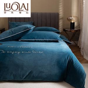 LUOLAI HOME Комплект постельного белья 4 предмета, простыня на резинке 180*200 см, пододеяльник 220*240 см, велюр, темно-синий