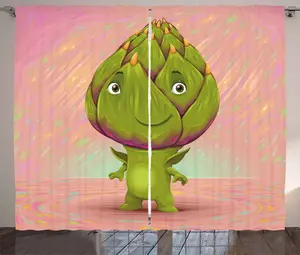 Штора в деревенском стиле Артишок от ABAKUHAUS, с милым забавным персонажем, присборенная штора для спальни с петлями и крючками, 280 x 225 см, зеленый и пудрово-розовый Abakuhaus