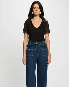 Женская кружевная футболка с V-образным вырезом Morgan, черный