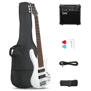 Бас-гитара Glarry GIB Active 6-струнная с улучшенной электроникой, белая + усилитель 20 Вт